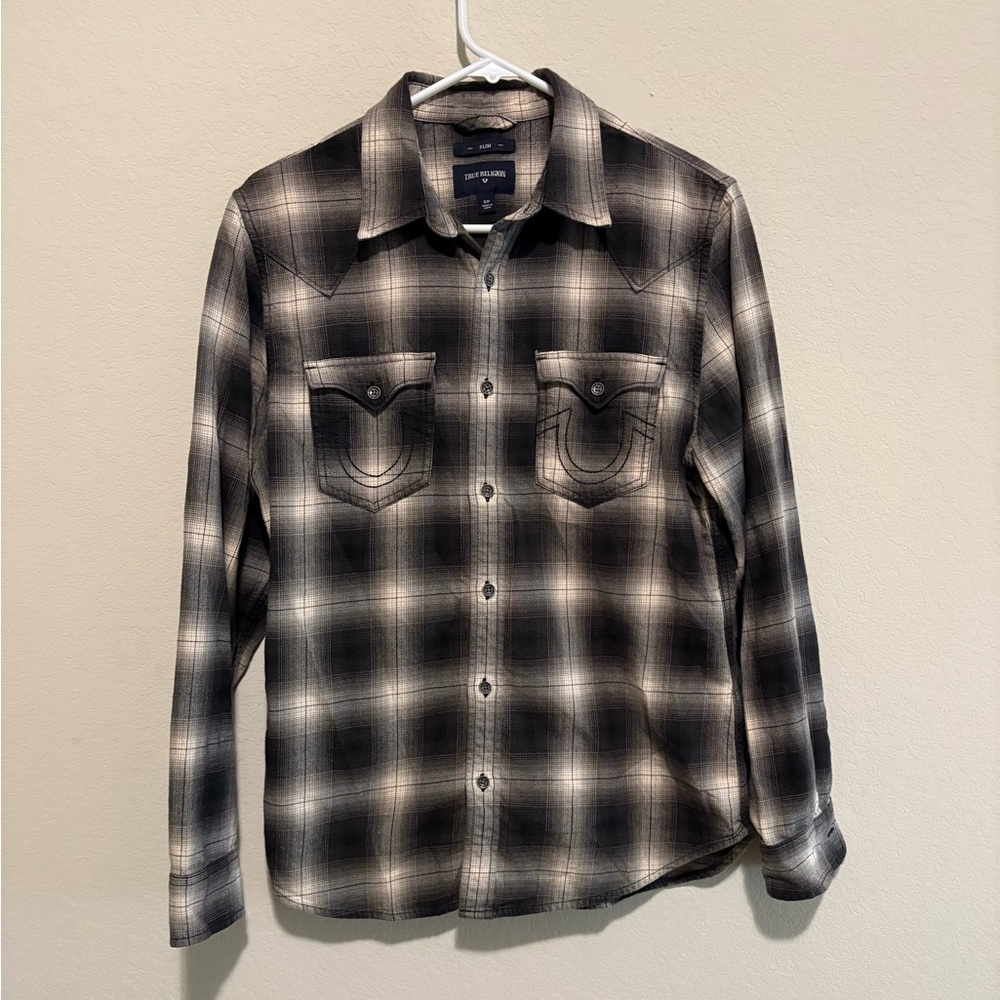 True Religion Black and Gray Plaid Button Down Shirt NWOT